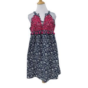 THML Floral Embroidered Tunic Dress Womens S Small Tassel Trim Halter Ring Neck